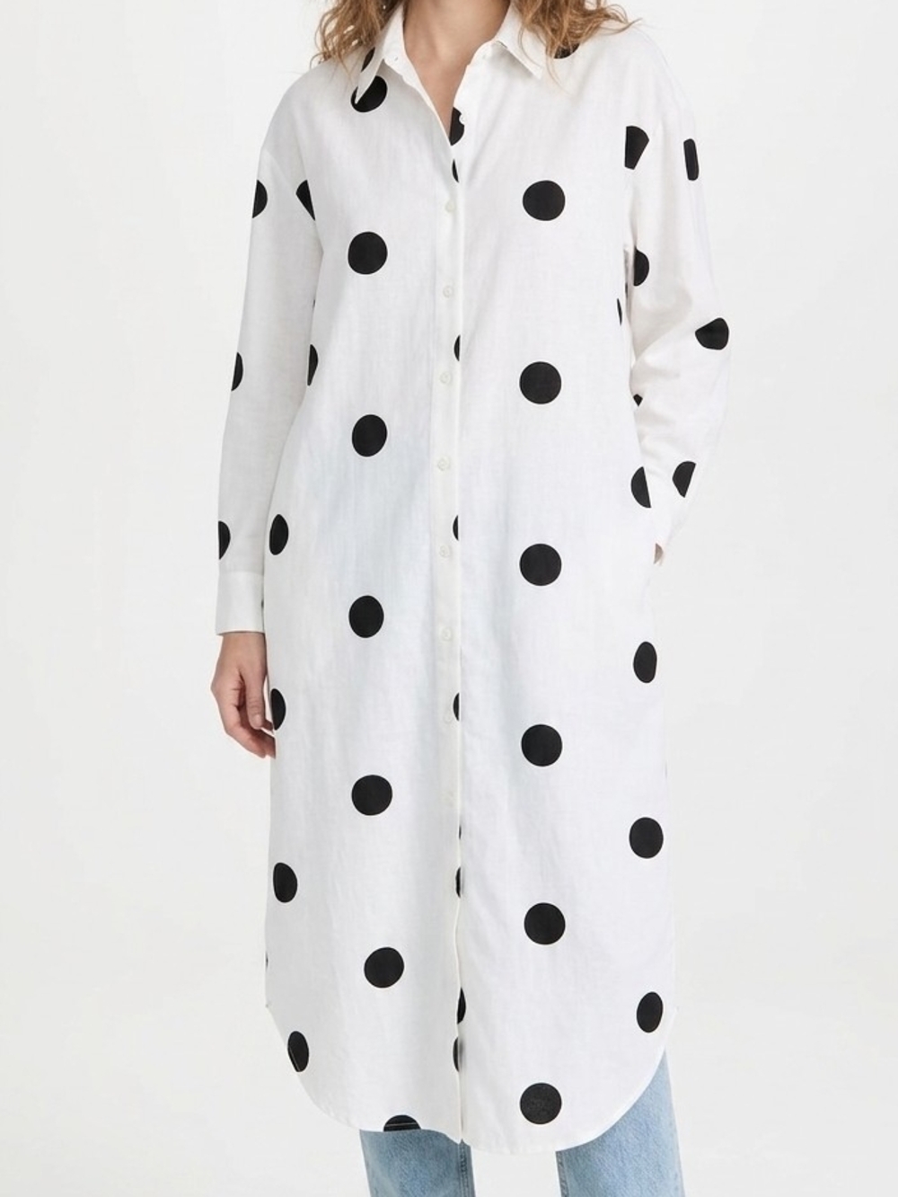 White Button-Front Polka Dot Shirt Dress Or Top Large